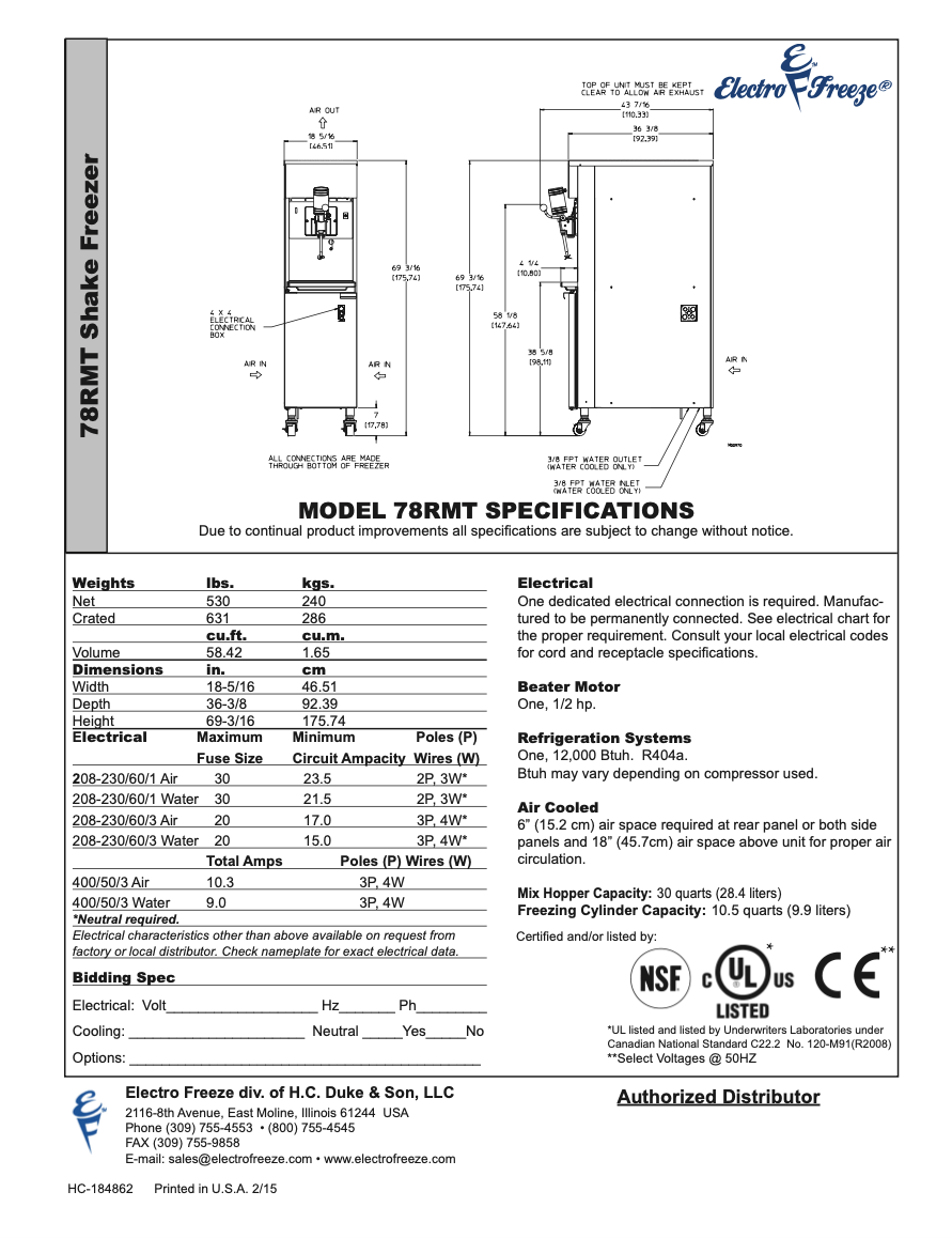 PRESSURIZED SHAKE FREEZER Model 78RMT