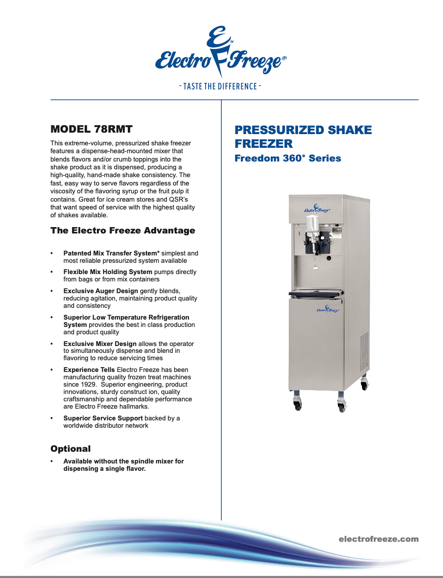 PRESSURIZED SHAKE FREEZER Model 78RMT