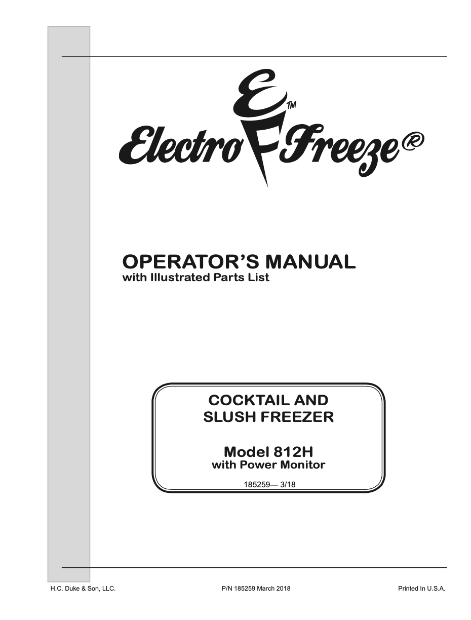 812H Cocktail and Slush Freezer Manual