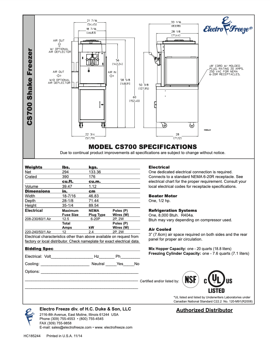 CS700 Gravity-Fed Countertop Shake Freezer