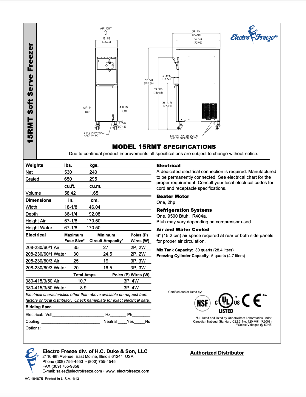 15RMT Pressurized High Capacity Single-Flavor Soft Serve Freezer w/ Mix Transfer System